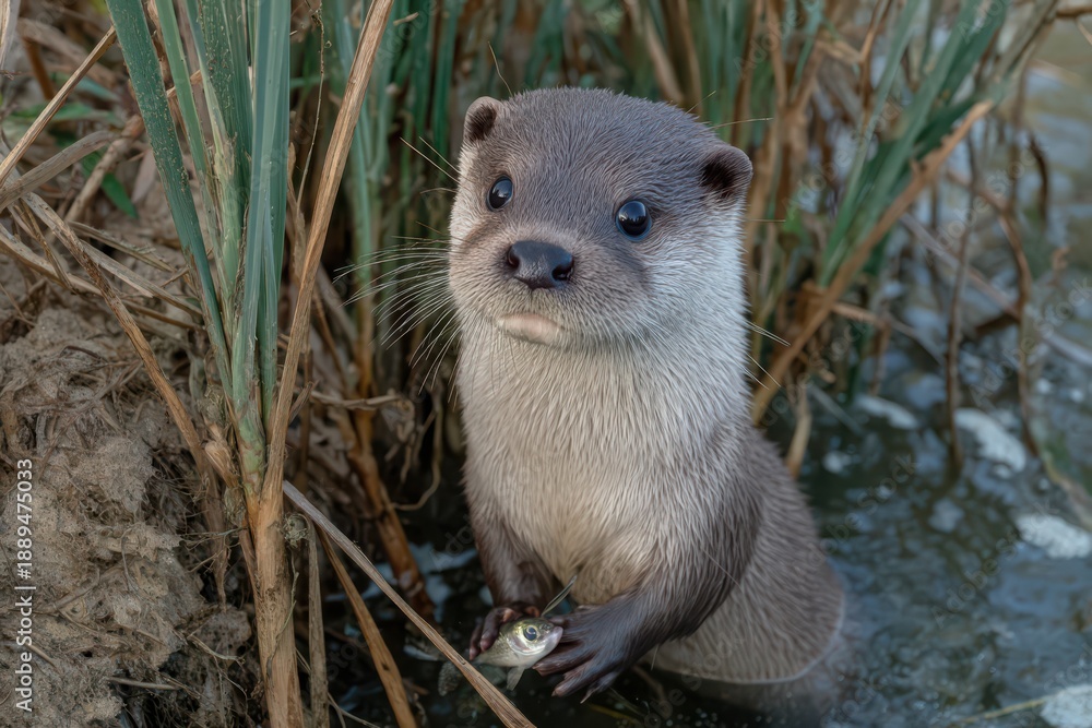 Fototapeta premium Wild otter holding small fish in water by reeds