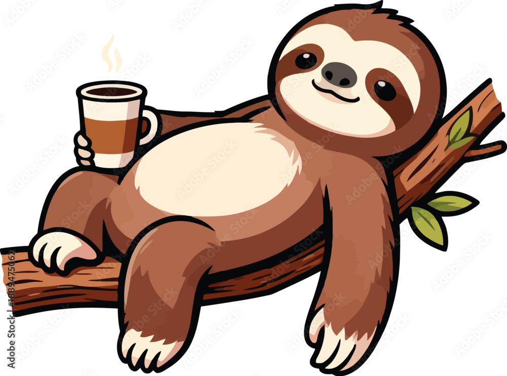 Naklejka premium Cartoon Sloth Relaxing with Coffee on Branch.