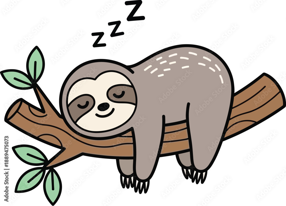 Fototapeta premium Cartoon Sloth Sleeping on Tree Branch.