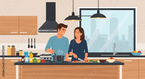 Couple cooking together in modern kitchen with city view