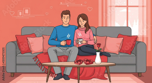 Couple sitting on couch with coffee cups in cozy living room at home
