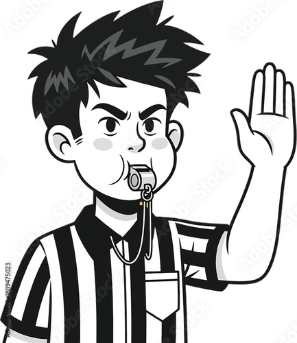 Cartoon Referee Blowing Whistle with Hand Raised.