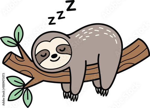 Cartoon Sloth Sleeping on Tree Branch.
