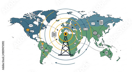 Global network connections map with tower and icons worldwide
