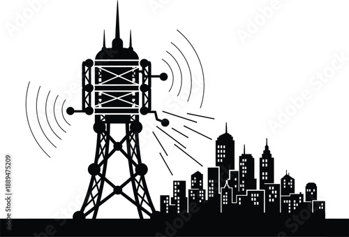 Cell Tower Broadcasting Signals to City.