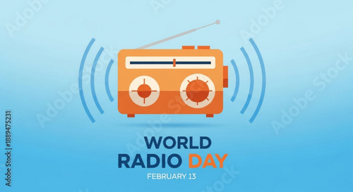 Vibrant orange radio on blue background for world radio day february 13