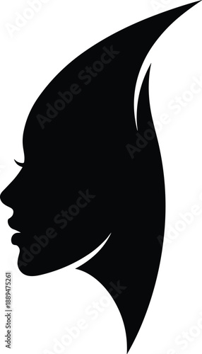Elegant profile of a beautiful woman with stylized flowing hair, minimalist black silhouette logo for beauty salon, spa, fashion, and wellness.