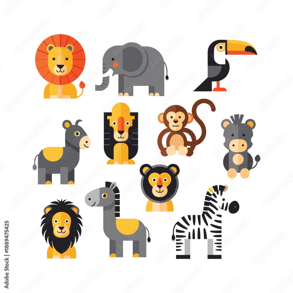 Naklejka premium Collection of various cartoon wild animals including lions, elephants, and zebras in a playful illustration