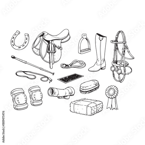 Equestrian sports equipment and horse riding gear collection sketches