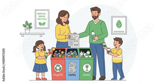 Family recycling together with labeled bins for plastic paper and glass