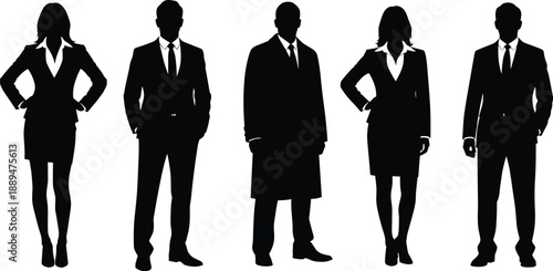 Professional business silhouettes, diverse male and female executives in formal suits, corporate leadership, team success, career development, isolated white background.