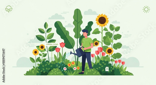 Man watering plants and flowers in a vibrant garden with sunflowers and greenery