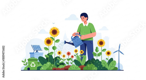 Man watering eco friendly garden with solar panel and wind turbine