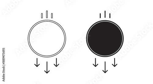 A minimalistic illustration depicting two circles one white and one black with downward arrows