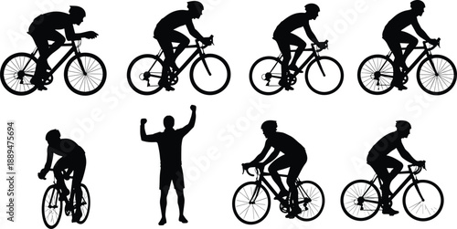 Professional cyclist silhouettes, featuring road bike racing, athlete victory celebration, fitness training, endurance sports, competition postures, isolated on white background.