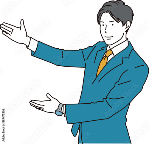 大手を振って紹介をする男性ビジネスマンのイラスト素材
