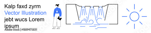 Corporate planning, water management, sustainability, design inspiration, education, renewable energy. Minimalist composition with human figure, waterfall illustration and sunlight. Corporate