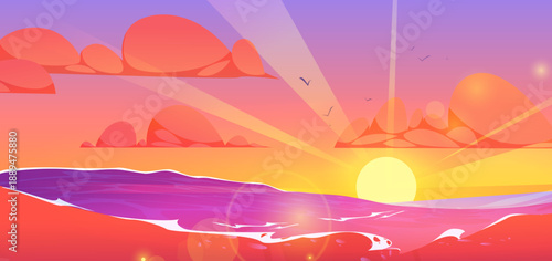 Cartoon Seascape Sunset with Colorful Ocean Waves and Dramatic Sky Illustration