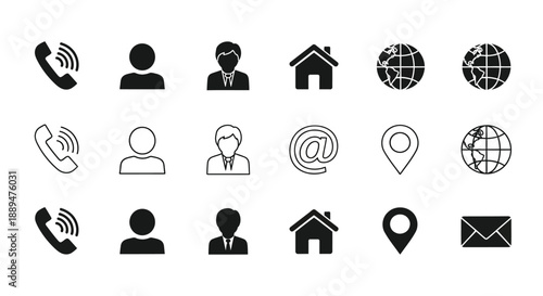 Collection of simple black silhouette icons representing communication people location and global connections