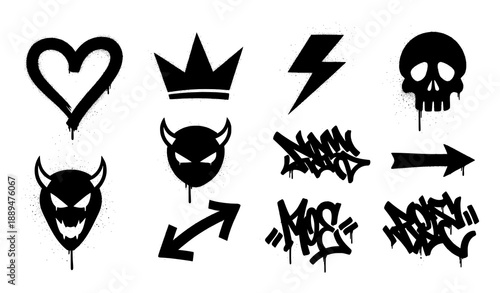 Black Graffiti Spray Symbols Vector Set with Urban Street Art Icons