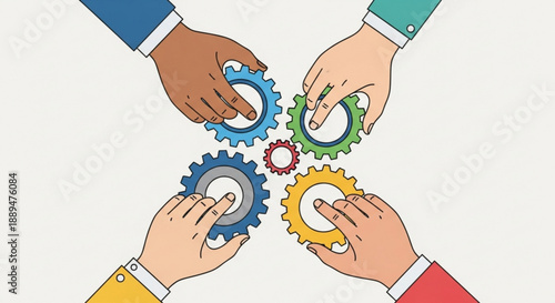 Four diverse hands collaborating with colorful interlocking gears in a circular formation