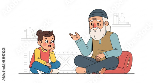 Elderly man and young boy sitting cross legged talking together