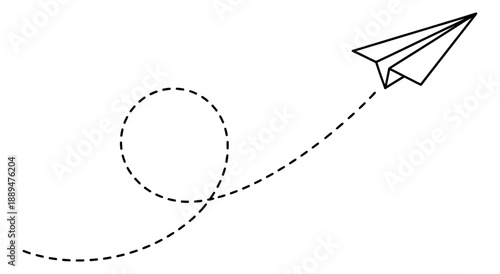 Line art illustration of a paper airplane depicting it flying along a looping dashed path for travel and direction concepts
