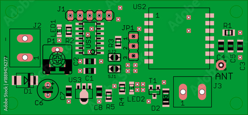 Placement of components of radio elements (contact
pads and seats) on printed circuit
board of electronic device.
Vector engineering 
drawing of pcb. Electric background. 
Computer technic cad design.