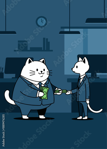 Business cats exchanging money cartoon vector illustration