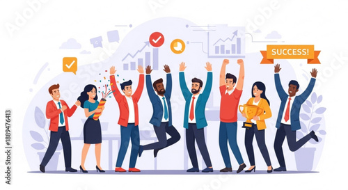 Diverse business team celebrating success with raised hands and achievement symbols