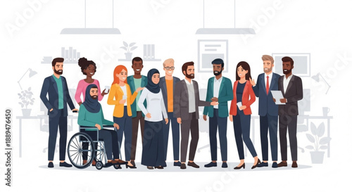 Diverse group of business professionals standing together in an office