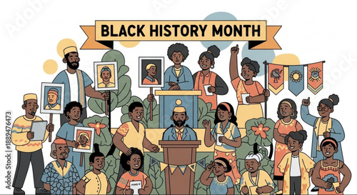 Diverse group celebrating black history month with a speaker at a podium