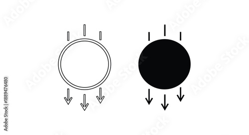 A minimalistic depiction showcasing contrasting shapes a hollow circle and a filled circle both with downward arrows