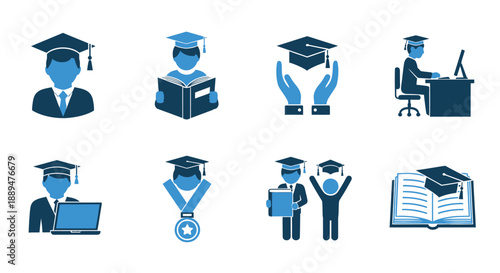 Illustrative icons depicting graduation education learning and academic achievement are prominently displayed in a blue tone