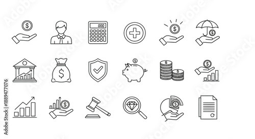 A collection of financial and legal icons depicting wealth security and professional services in outline style