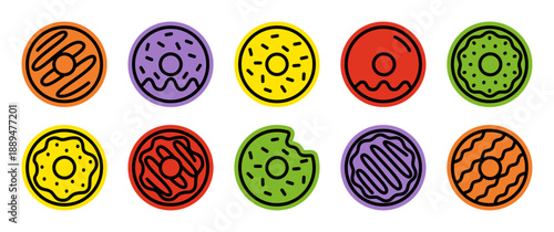 donuts collection, sweet dessert scrapbook sticker: hand drawn doodle set of various glazed doughnuts with sprinkles for bakery, cafe menu, party, sugar, food, snack, delicious