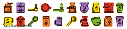Coffee shop equipment icon set with grinder, espresso machine, beans, moka pot, french press, and barista tools. Flat linear vector collection for cafe branding, menu, and web design.