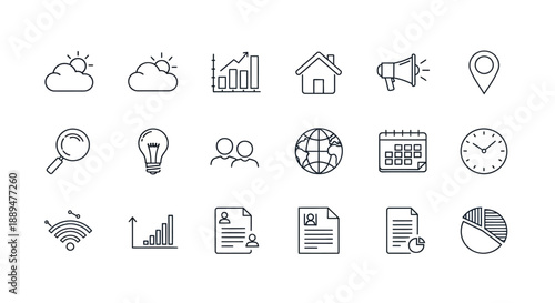 a collection of various line icons representing weather analytics home communication and location services