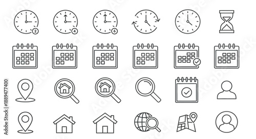 A collection of time management and scheduling related line icons displaying clocks calendars and location symbols