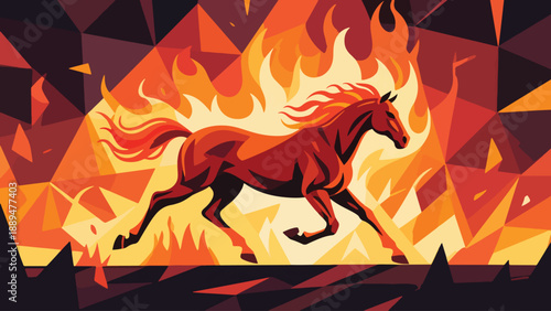 Illustration Of Fire Horse Running In Abstract Geometric Fire Background Vector Design Template