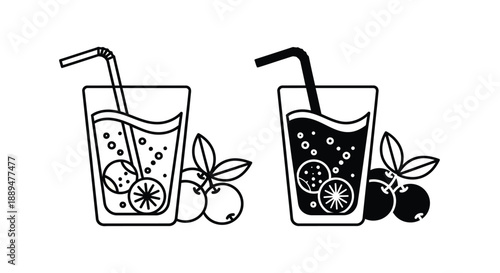 A minimalist depiction of two glasses filled with citrus beverages and garnished with mint leaves