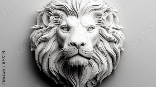 white sculpted lion mane in flowing carved detail forming a circular decorative relief, minimalist and majestic with serene elegant texture