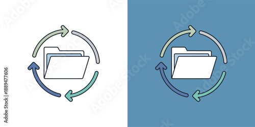 Folder synchronization process illustrated with circular arrows on contrasting backgrounds showcasing file management and data transfer