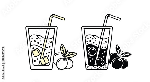 Two refreshing glasses of iced drinks with fruit featuring lemon and peach illustrations shown in outline style