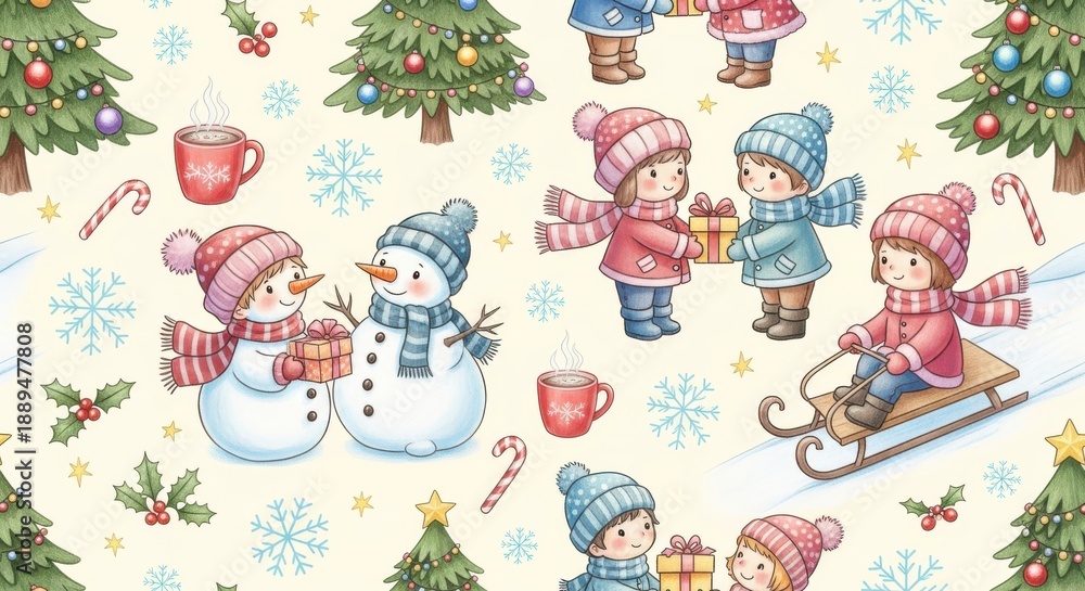 Fototapeta premium Cheerful winter scene featuring children and snowmen enjoying seasonal activities across a repeating pattern