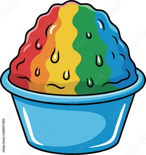 Colorful shaved ice dessert illustration in blue bowl with rainbow syrup layers, refreshing summer treat icon, sweet frozen food graphic, vibrant cartoon style design