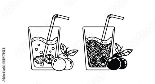 Two refreshing illustrated drinks with straws citrus and berries alongside offering a vibrant summer aesthetic