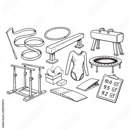 Gymnastics training equipment and competition items vector sketches