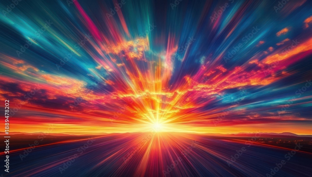 Obraz premium Radiant sunrise over a distant horizon with streaking colorful clouds and dynamic light rays evoking awe and hope