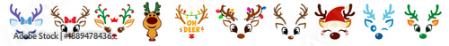 Christmas reindeer faces bundle. Rudolph heads with Santa hat, lights, bows and candy canes, set